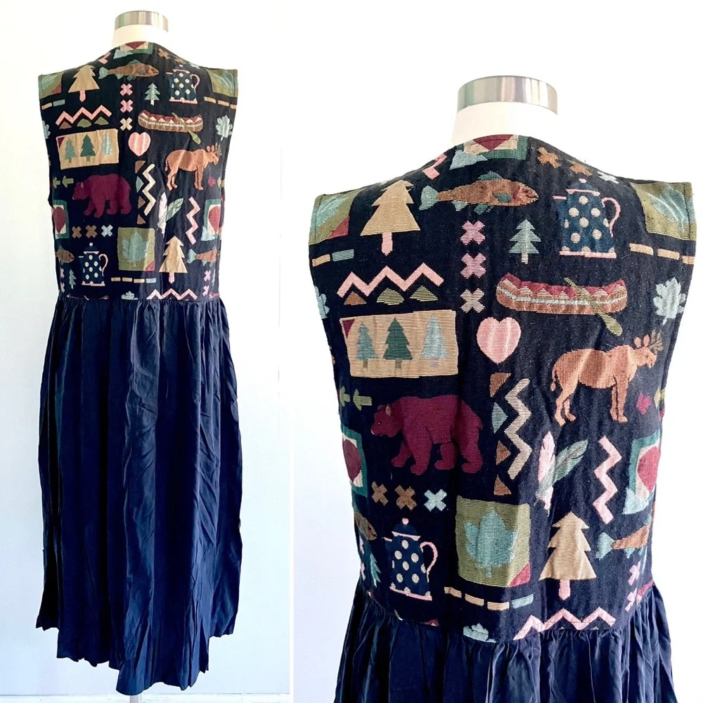 Vintage 80’s Twin Peaks brocade camping bib dress